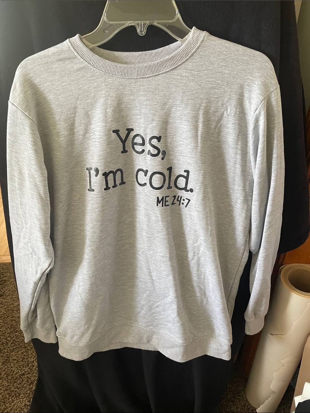 Light Gray womens Crewneck Sweater with 'Yes, I'm cold.' Print